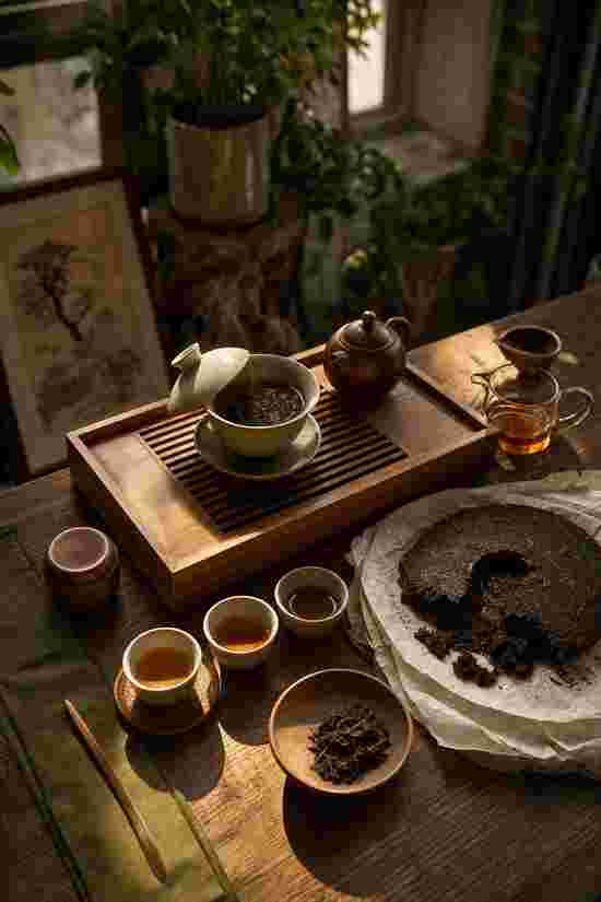 A gongfu tea setup with a gaiwan, clay teapot, and a broken pu-erh cake on a wooden tray.
